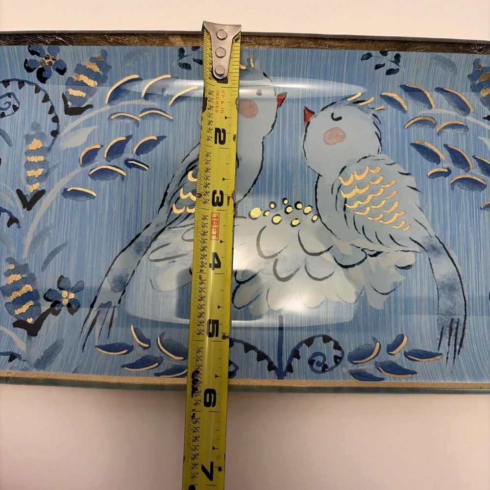 Pier 1 Vintage Blue‎ Gold Foil Art Glass Birds Oblong Serving Tray Dish Whimsy